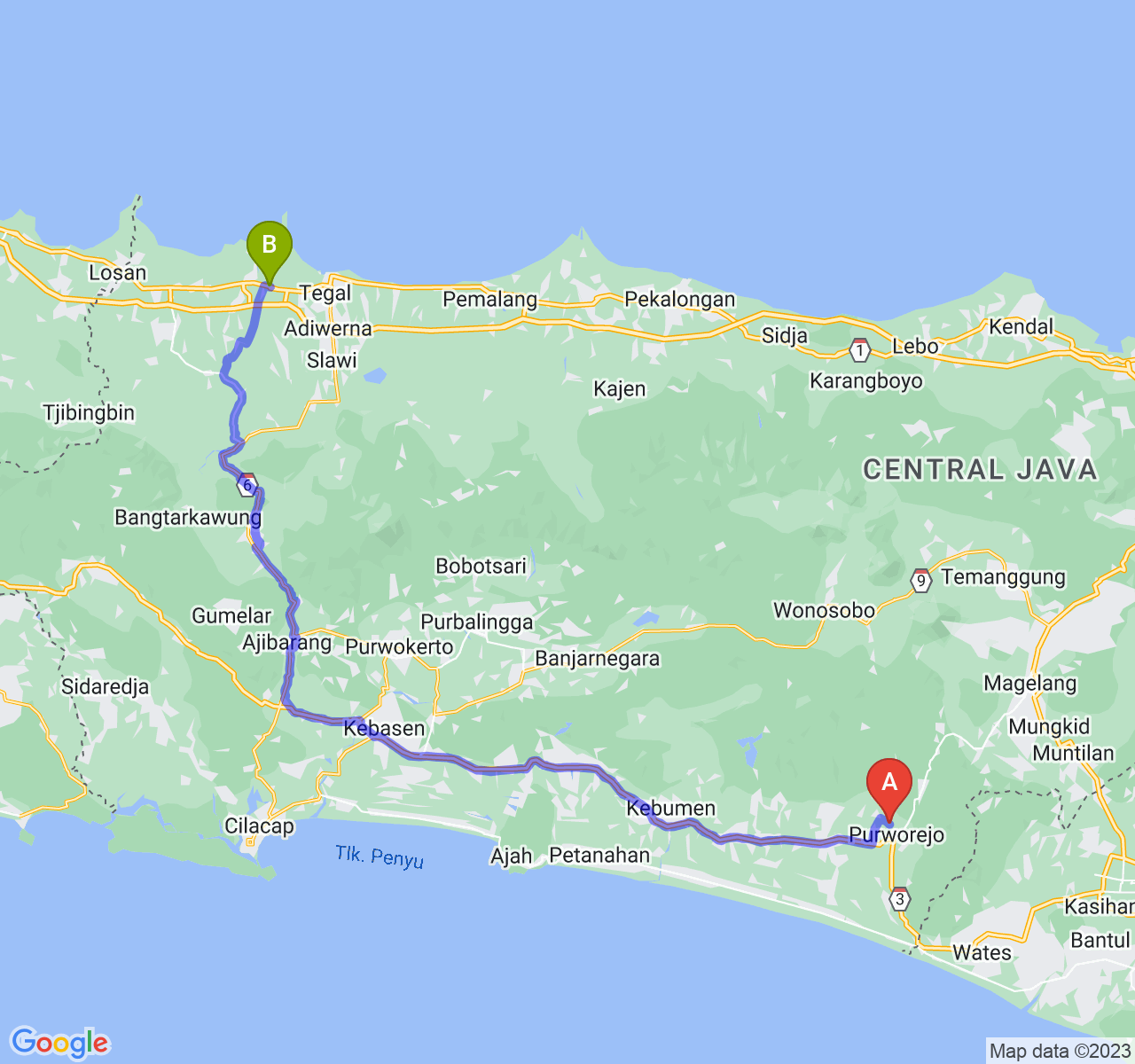 rute perjalanan Kab. Purworejo-Kab. Brebes