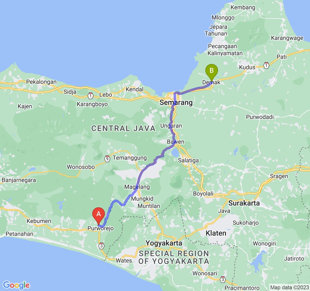 rute perjalanan Kab. Purworejo-Kab. Demak