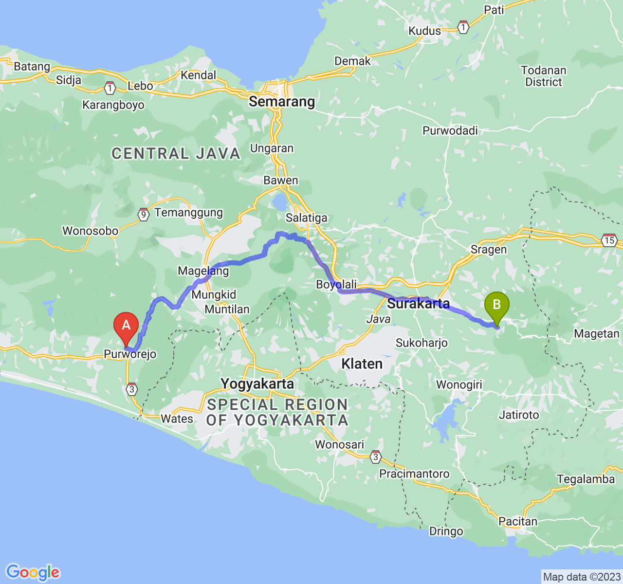 rute perjalanan Kab. Purworejo-Kab. Karanganyar