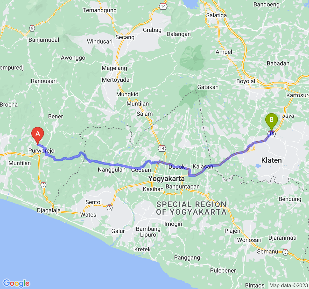 rute perjalanan Kab. Purworejo-Kab. Klaten