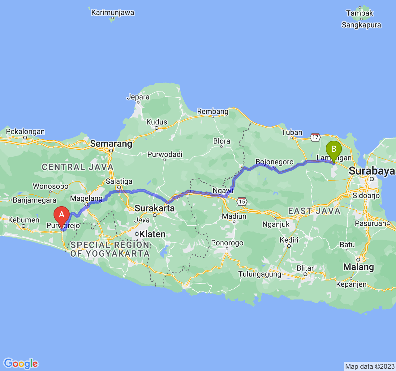 rute perjalanan Kab. Purworejo-Kab. Lamongan