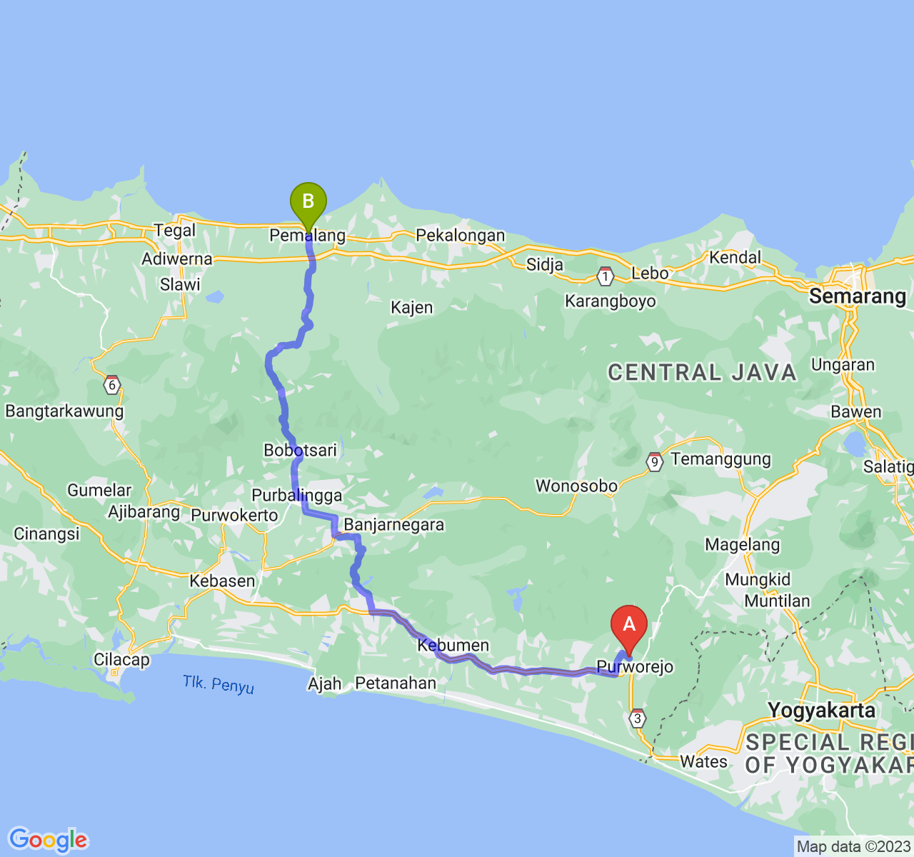 rute perjalanan Kab. Purworejo-Kab. Pemalang