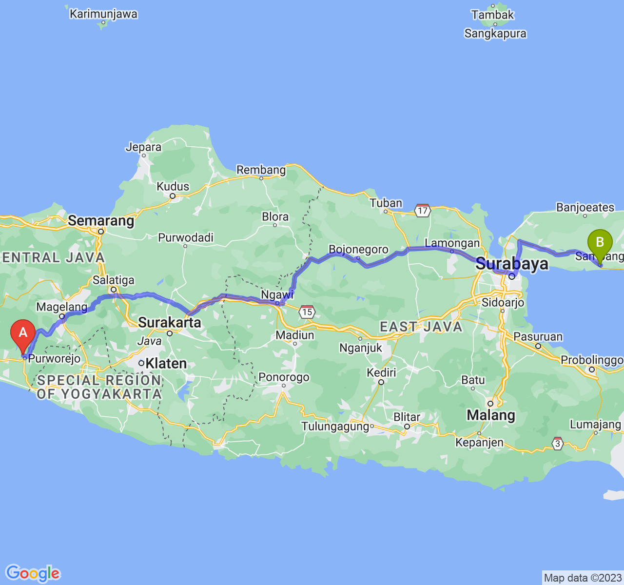 rute perjalanan Kab. Purworejo-Kab. Sampang