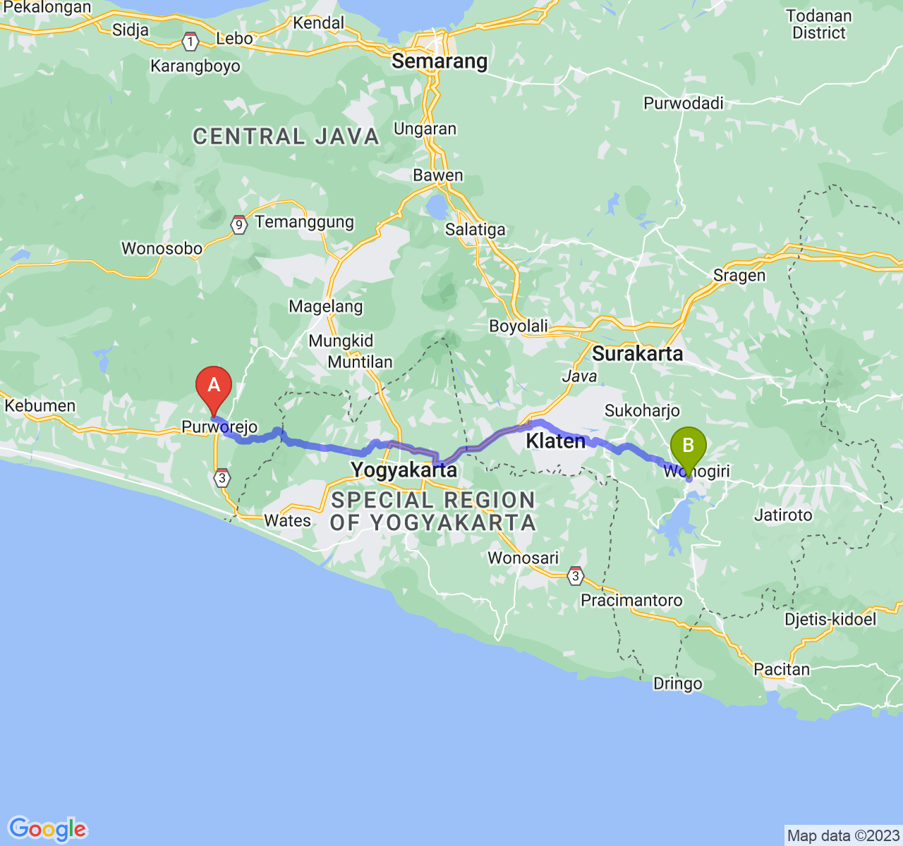 rute perjalanan Kab. Purworejo-Kab. Wonogiri