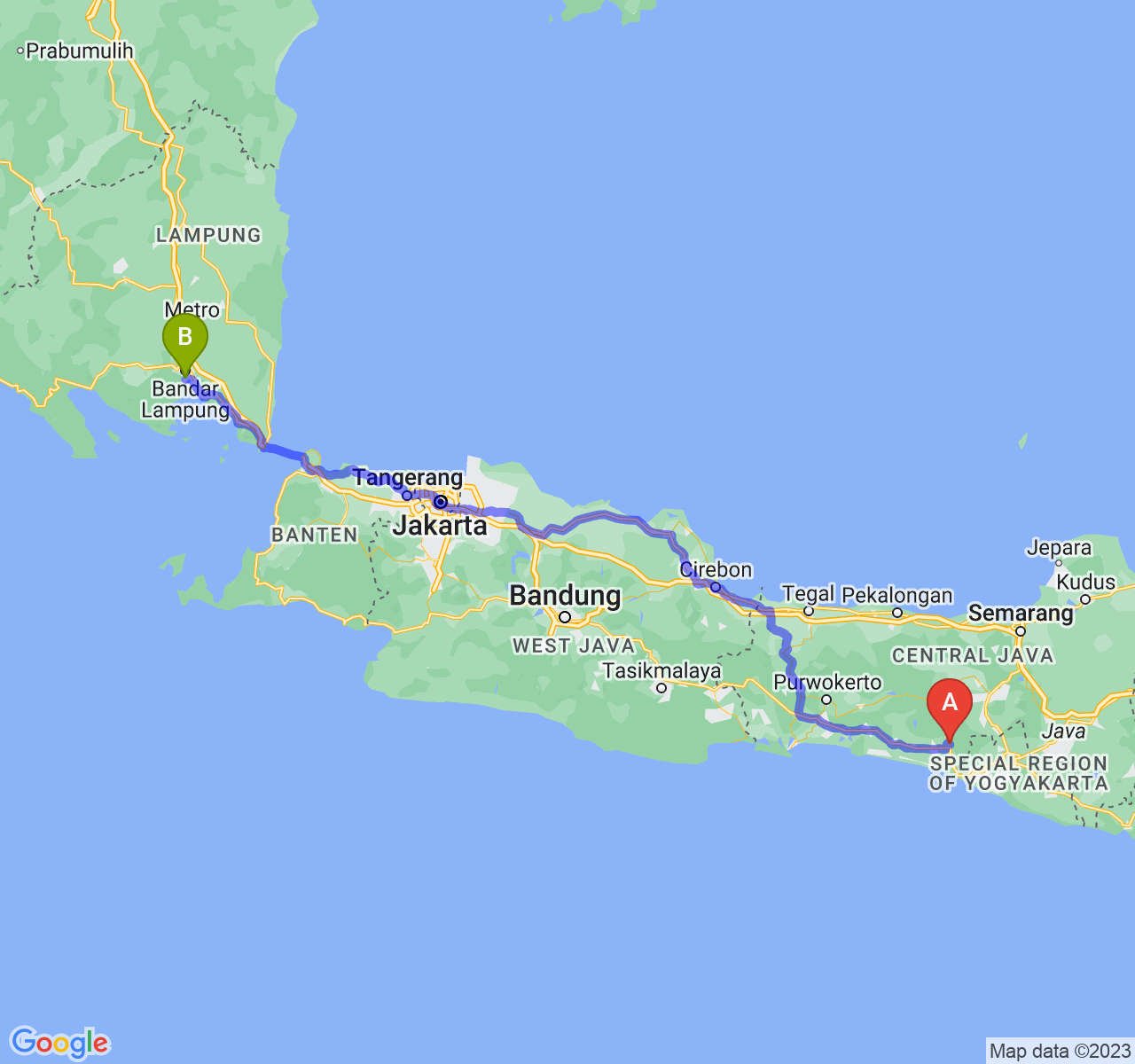 rute perjalanan Kab. Purworejo-Kota Bandar Lampung