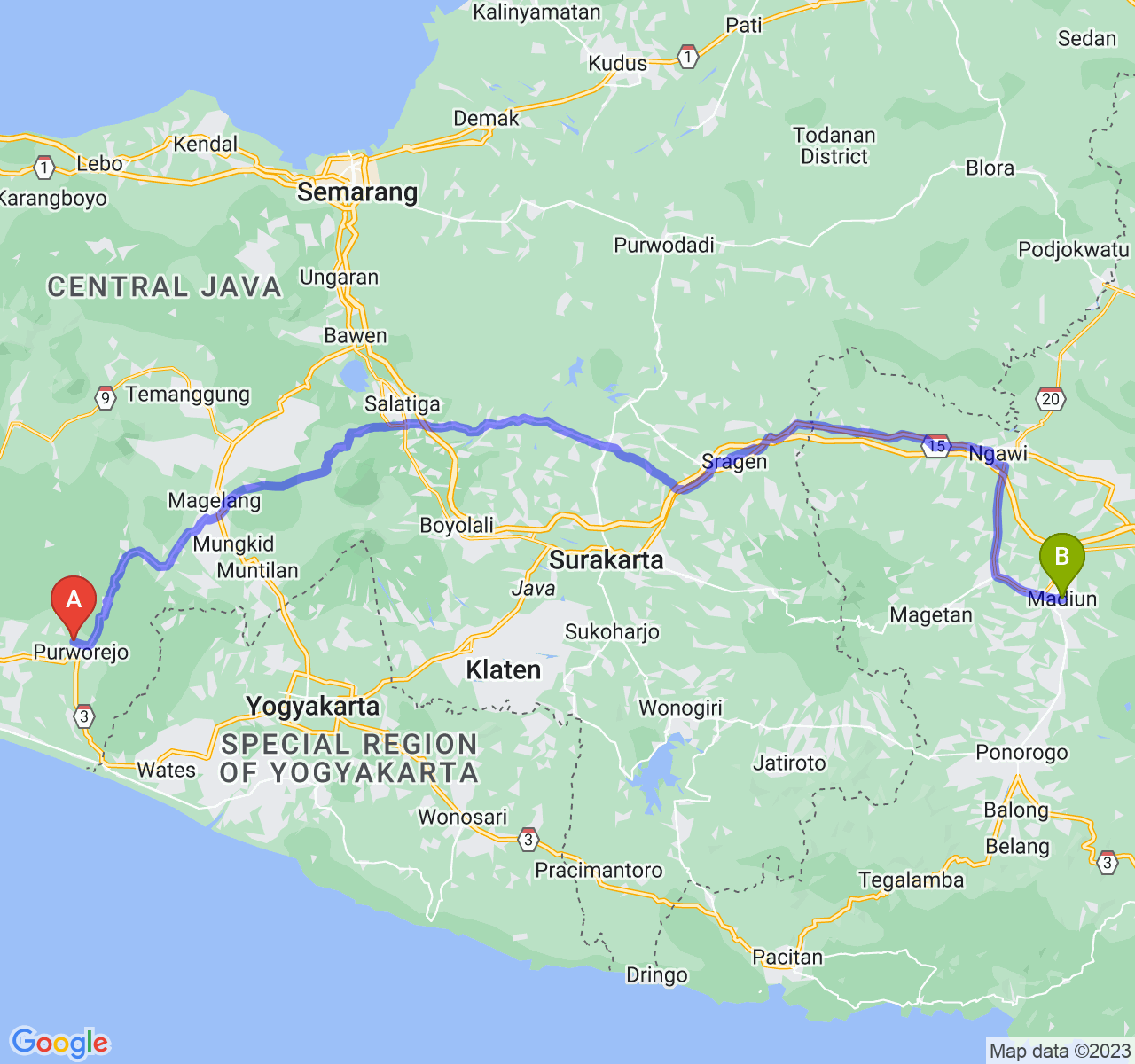 rute perjalanan Kab. Purworejo-Kota Madiun