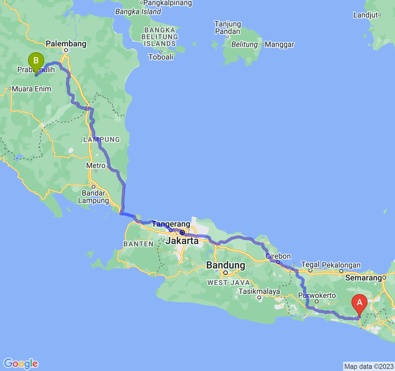 rute perjalanan Kab. Purworejo-Kota Prabumulih