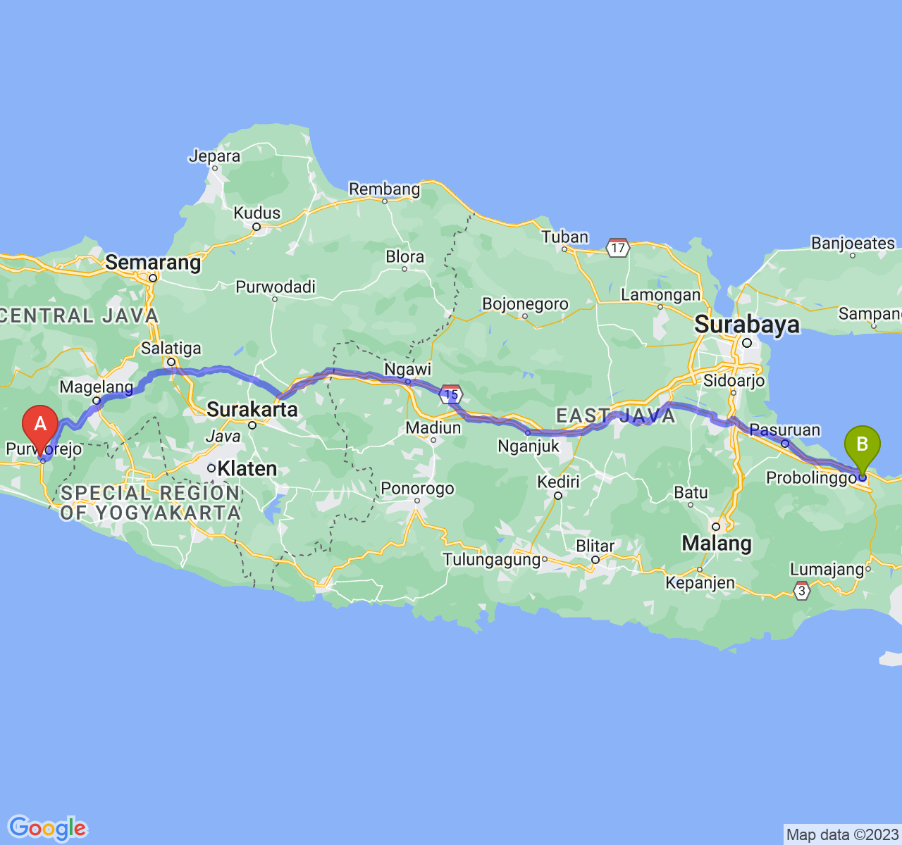 rute perjalanan Kab. Purworejo-Kota Probolinggo