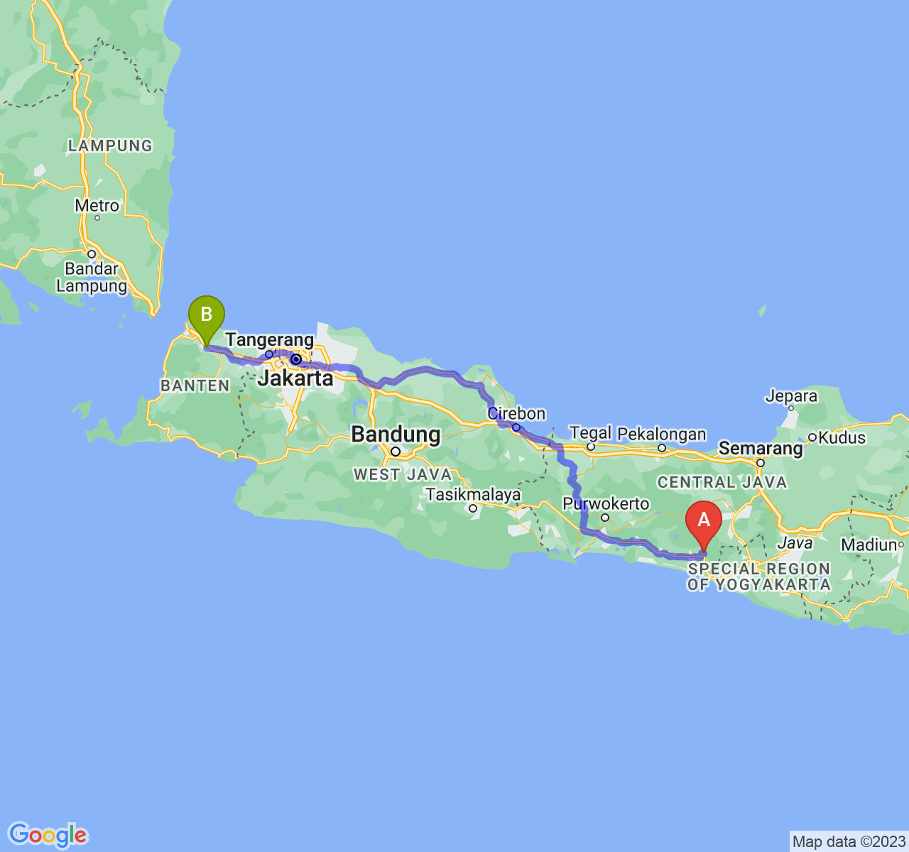 rute perjalanan Kab. Purworejo-Kota Serang