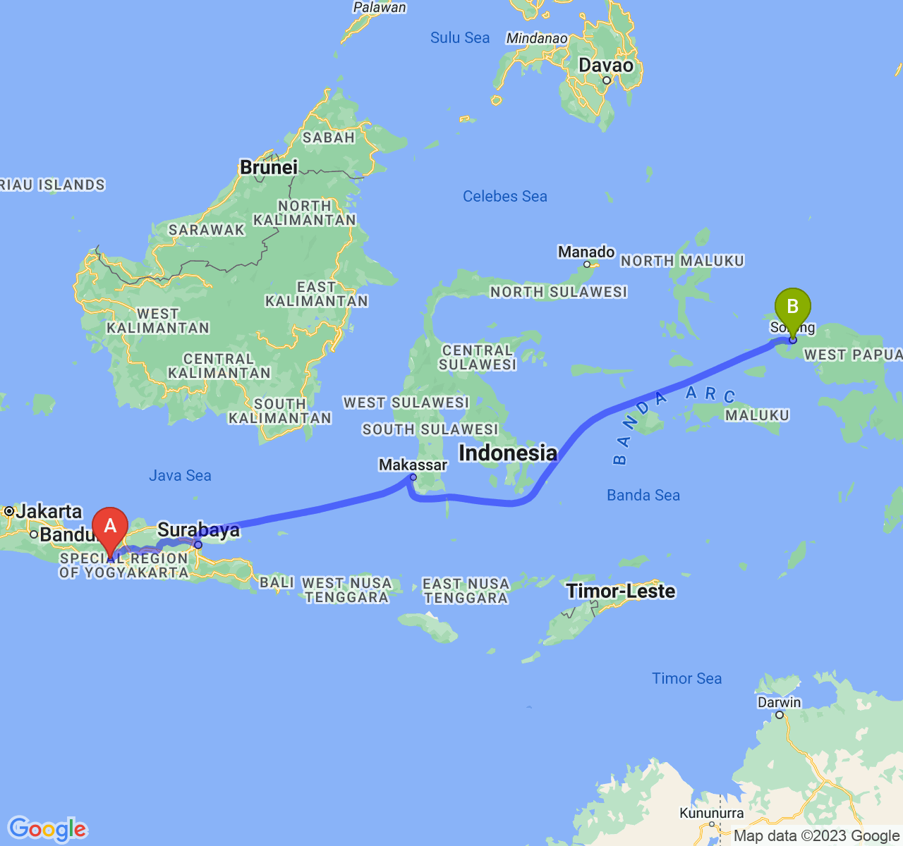 rute perjalanan Kab. Purworejo-Kota Sorong