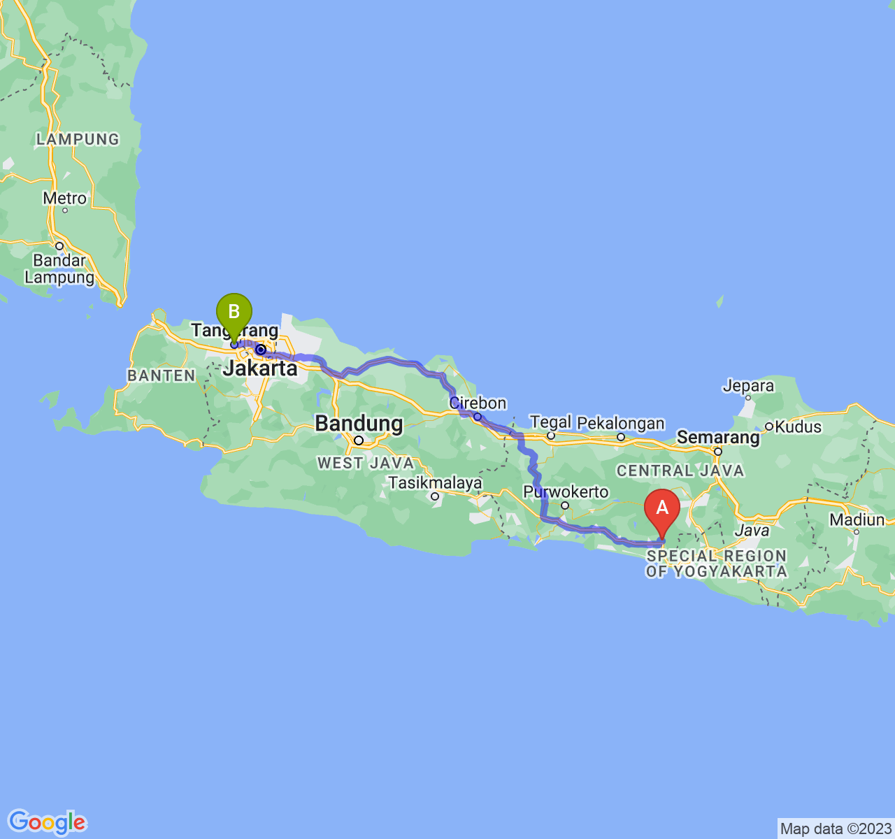 rute perjalanan Kab. Purworejo-Kota Tangerang