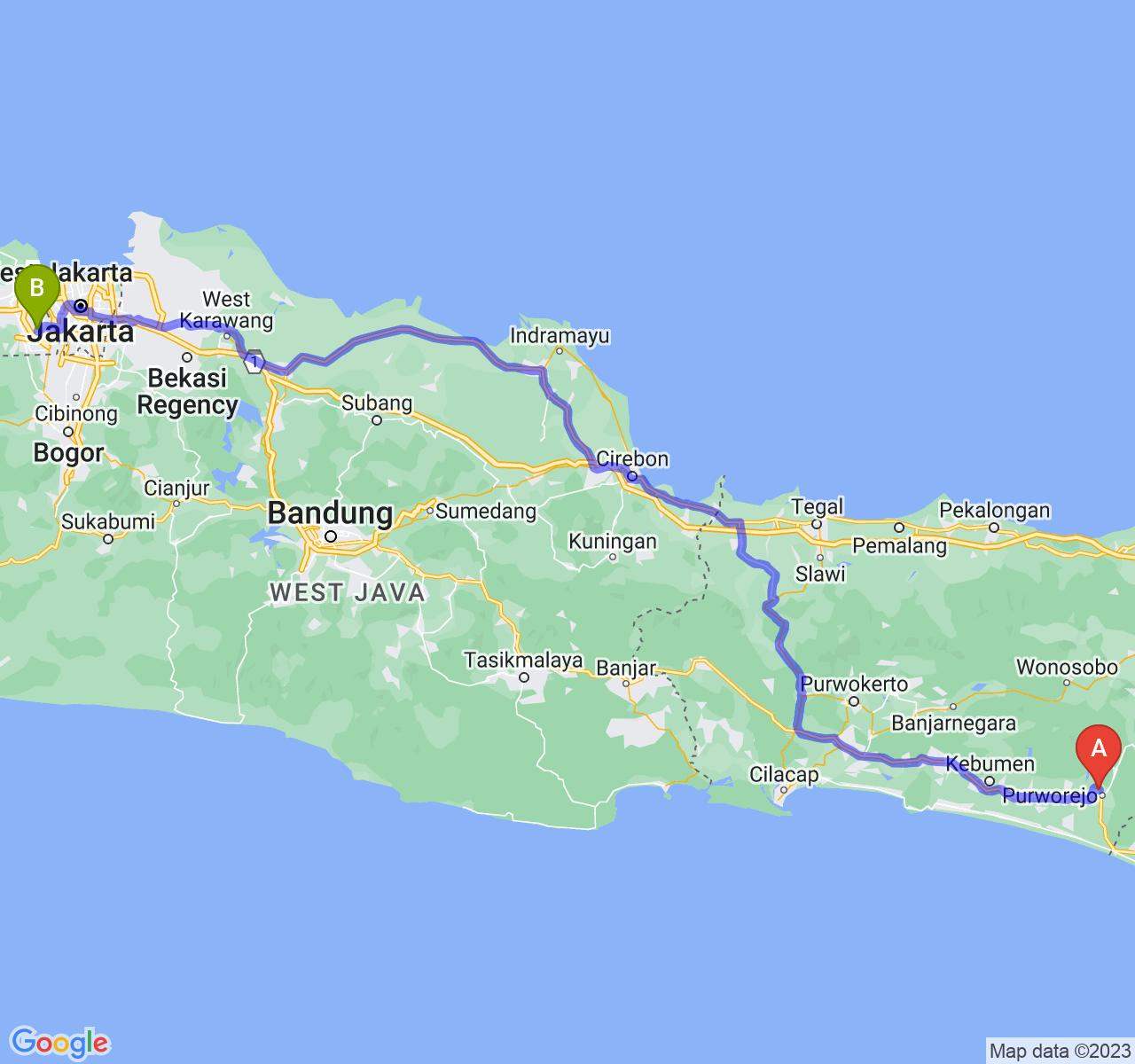 rute perjalanan Kab. Purworejo-Kota Tangerang Selatan