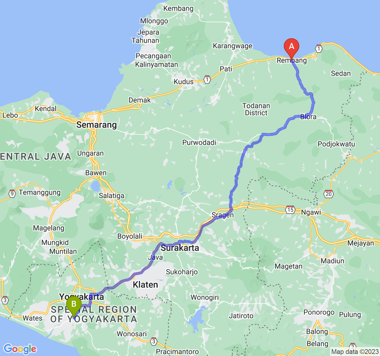 rute perjalanan Kab. Rembang-Kab. Bantul