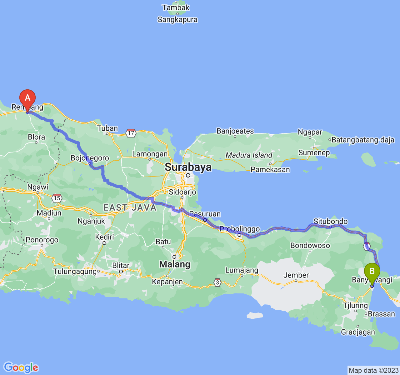 rute perjalanan Kab. Rembang-Kab. Banyuwangi