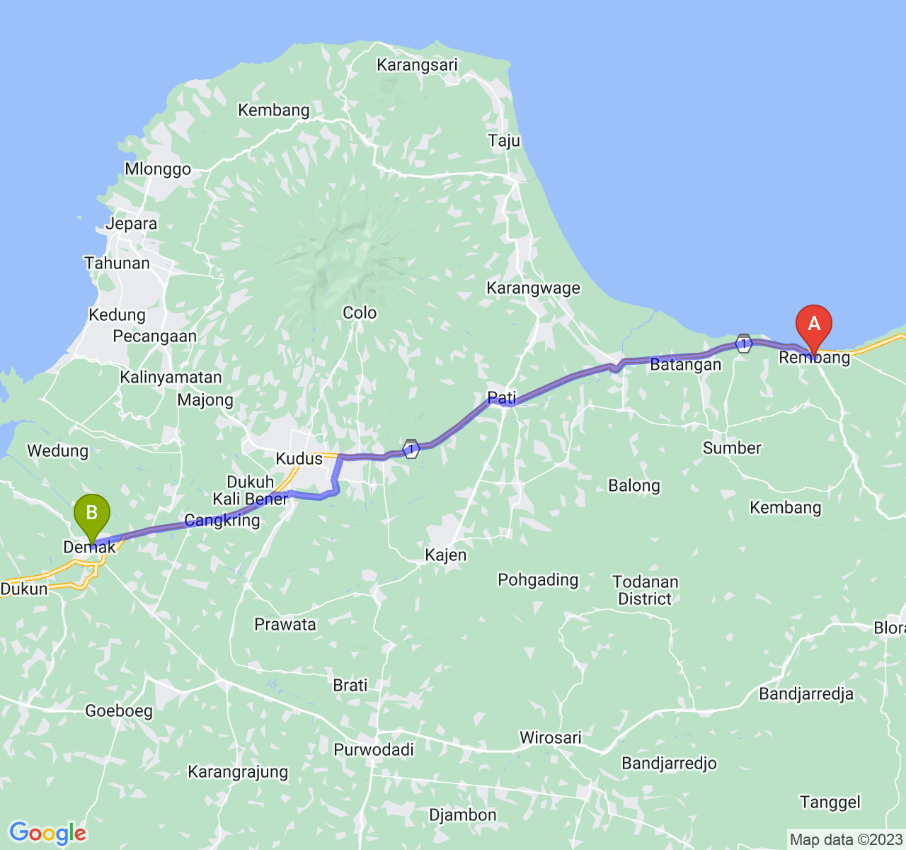 rute perjalanan Kab. Rembang-Kab. Demak