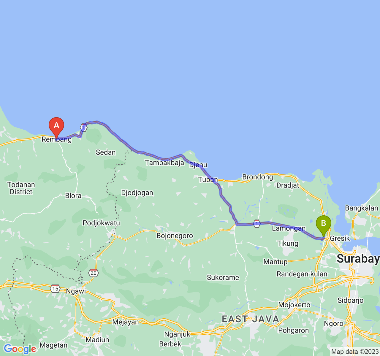 rute perjalanan Kab. Rembang-Kab. Gresik