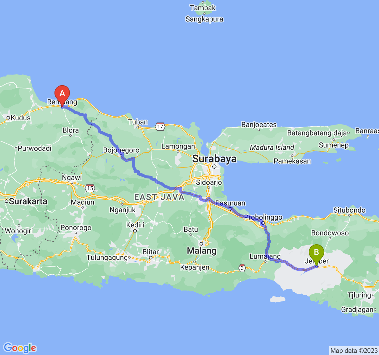 rute perjalanan Kab. Rembang-Kab. Jember