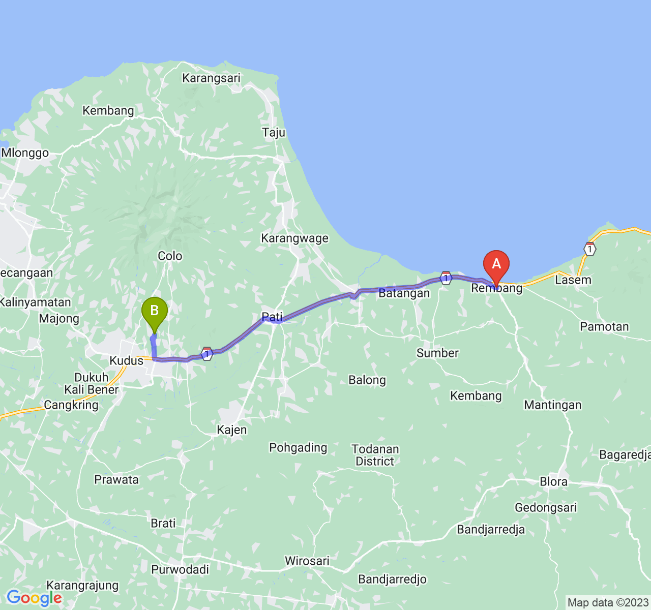 rute perjalanan Kab. Rembang-Kab. Kudus