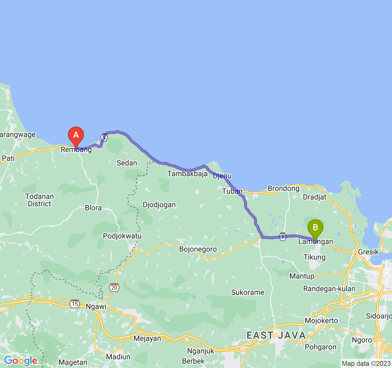 rute perjalanan Kab. Rembang-Kab. Lamongan