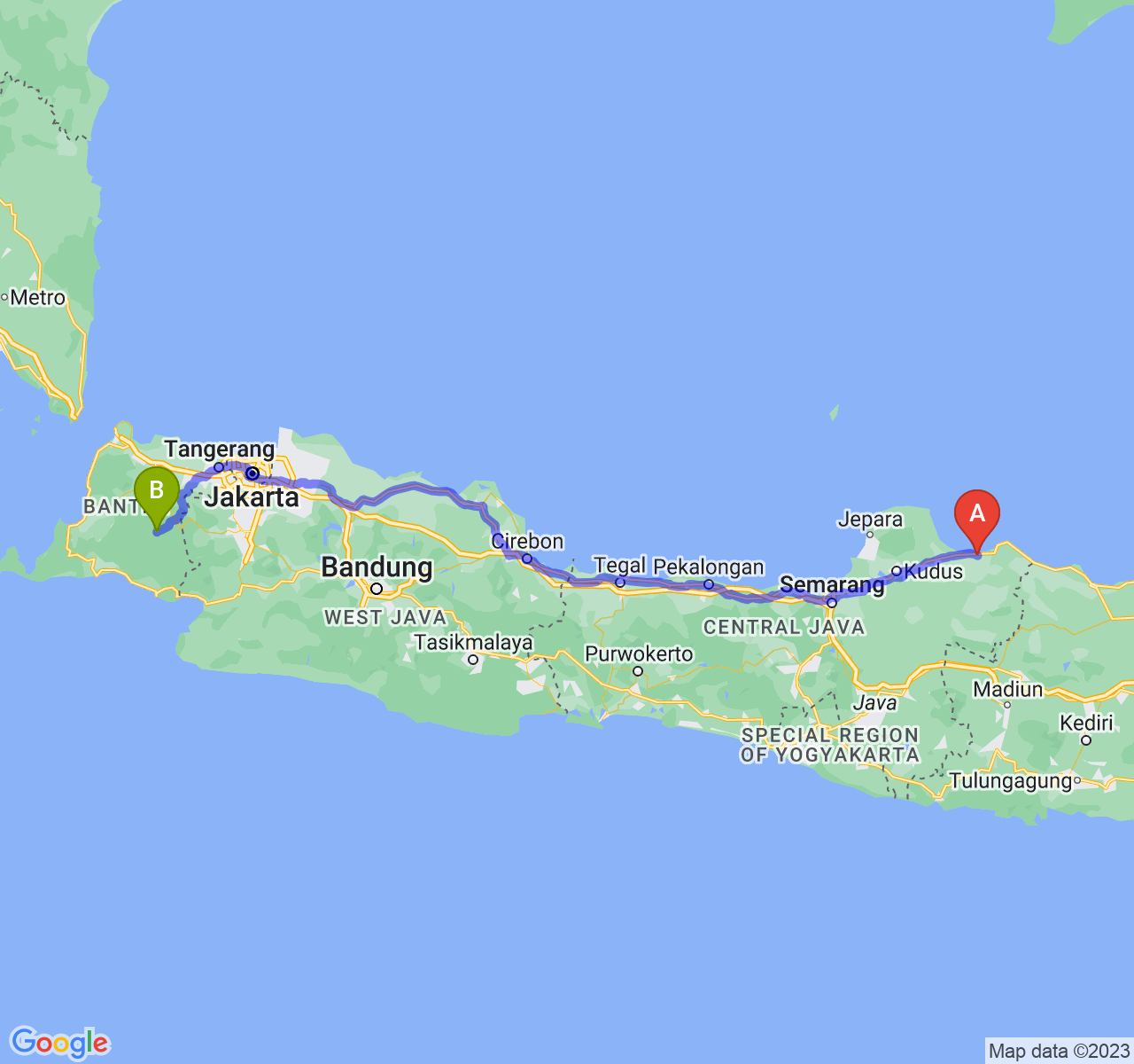 rute perjalanan Kab. Rembang-Kab. Lebak