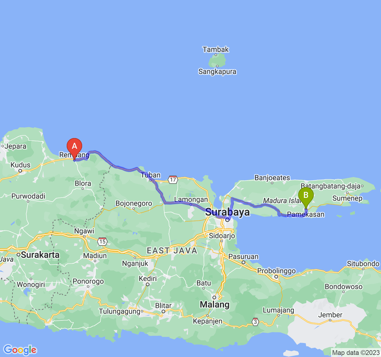 rute perjalanan Kab. Rembang-Kab. Pamekasan