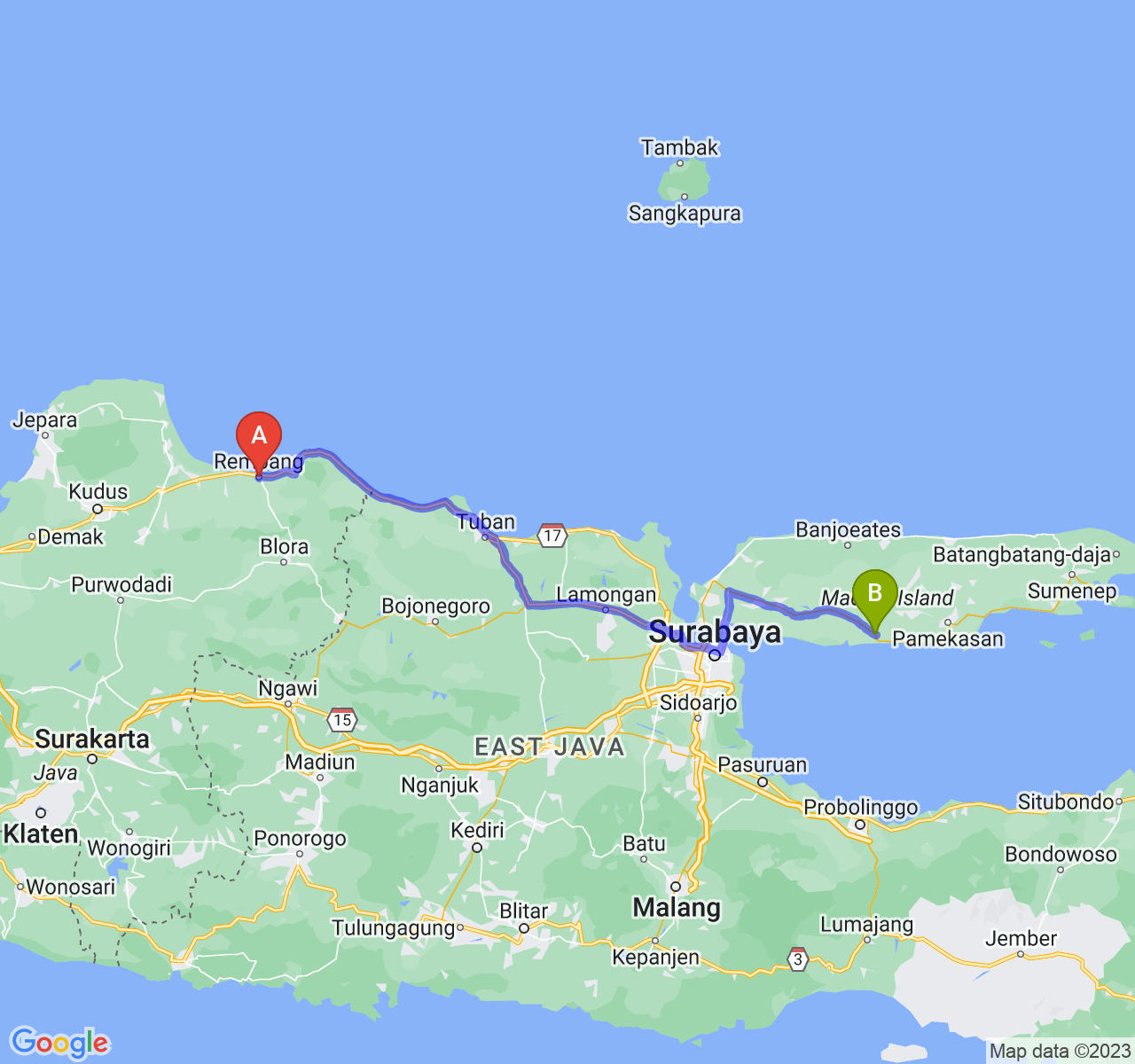 rute perjalanan Kab. Rembang-Kab. Sampang