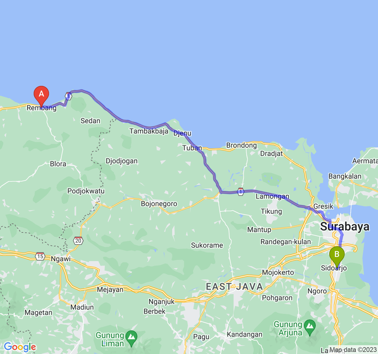 rute perjalanan Kab. Rembang-Kab. Sidoarjo