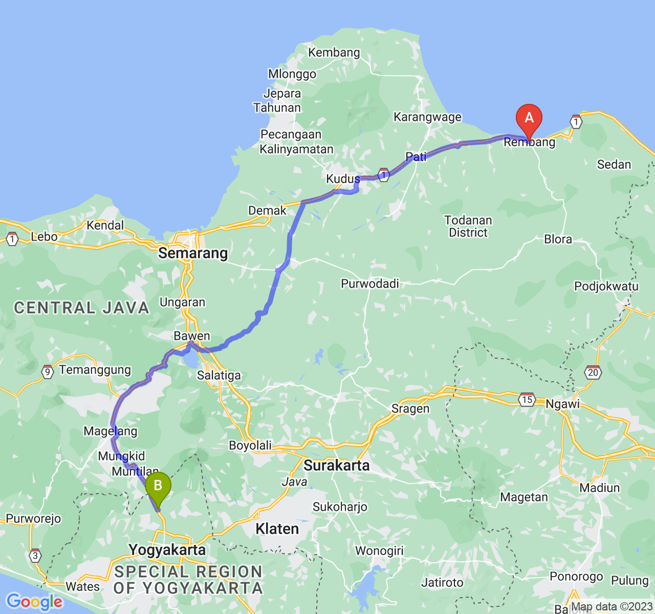 rute perjalanan Kab. Rembang-Kab. Sleman