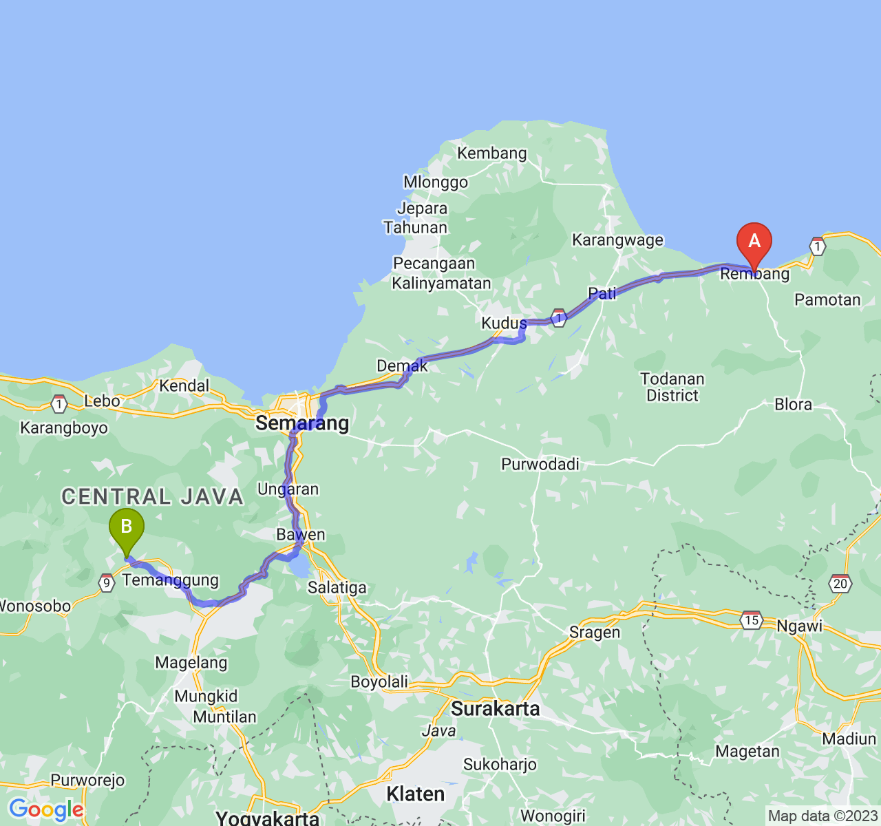 rute perjalanan Kab. Rembang-Kab. Temanggung