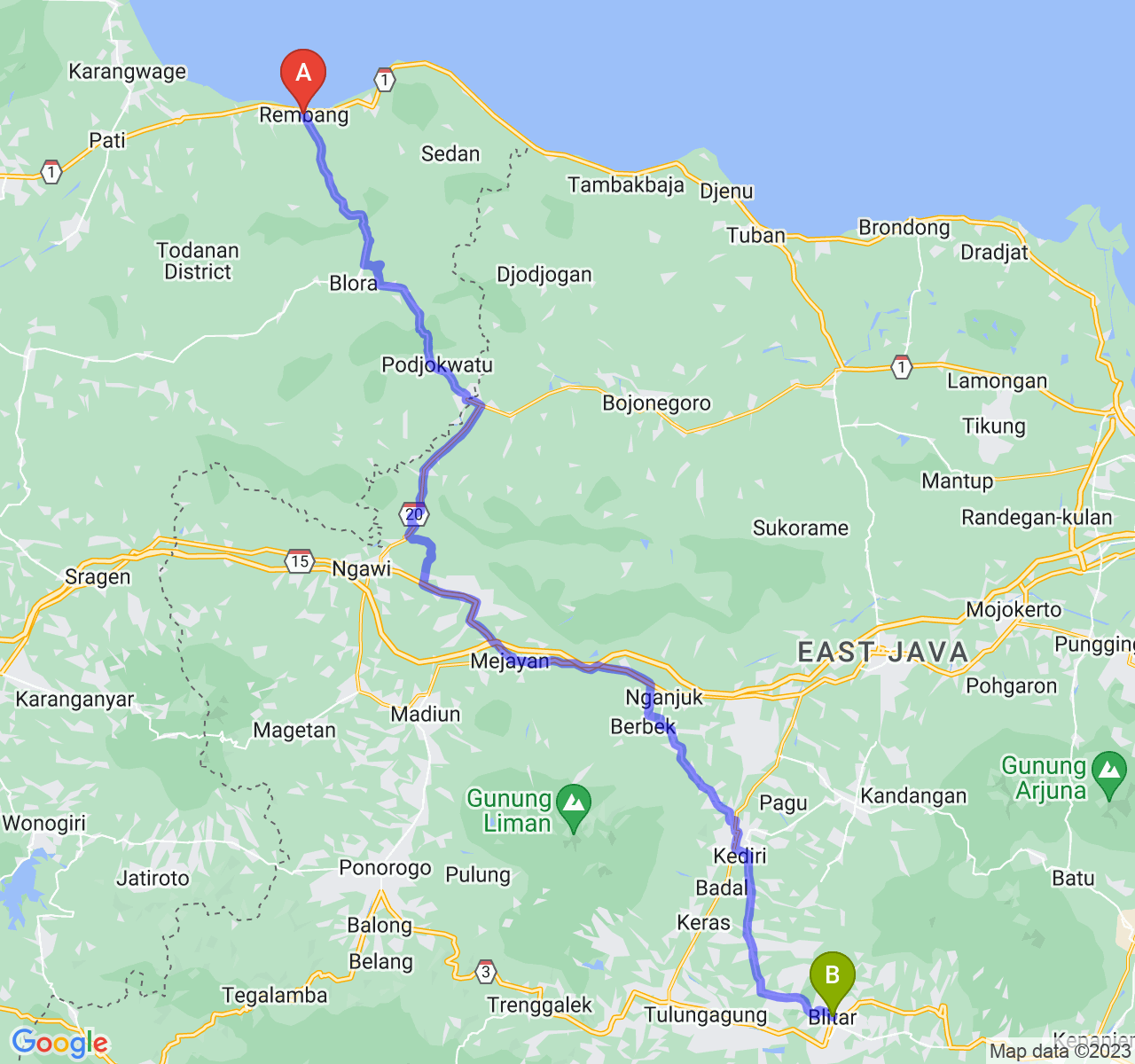 rute perjalanan Kab. Rembang-Kota Blitar