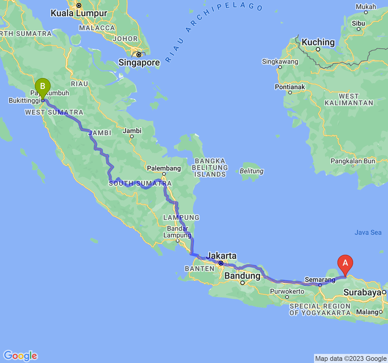 rute perjalanan Kab. Rembang-Kota Bukittinggi