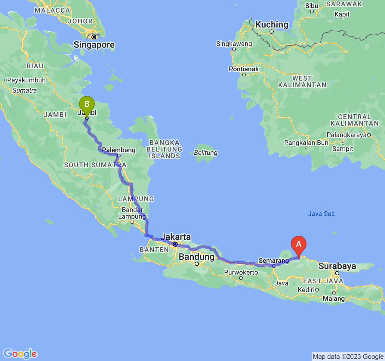 rute perjalanan Kab. Rembang-Kota Jambi