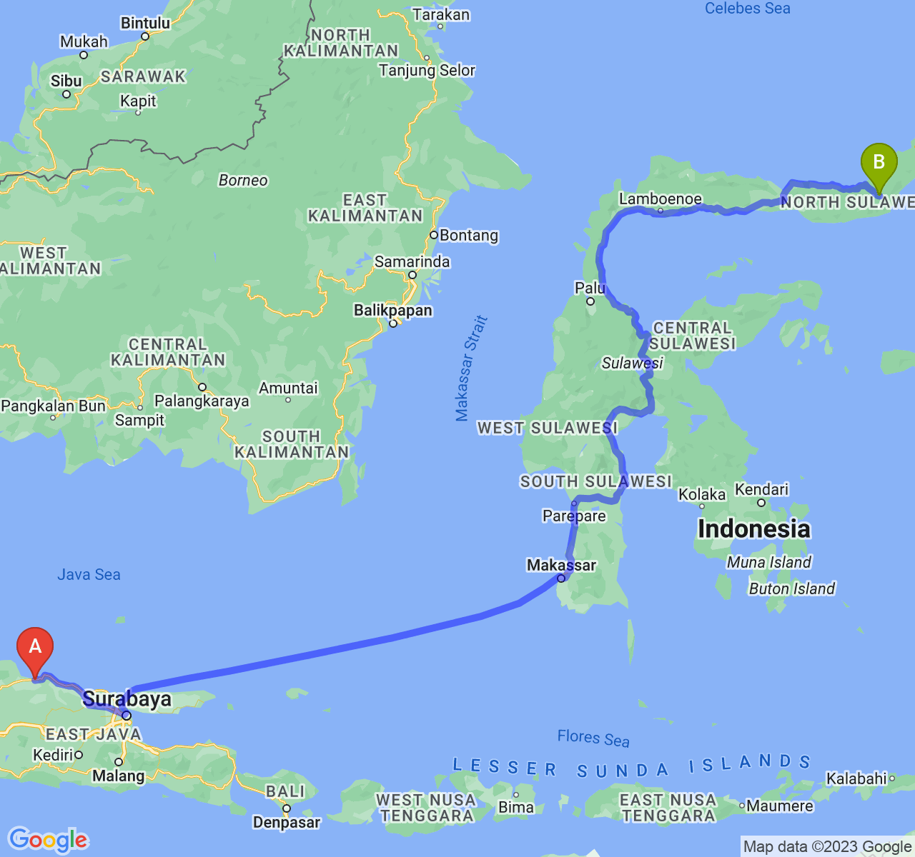 rute perjalanan Kab. Rembang-Kota Kotamobagu