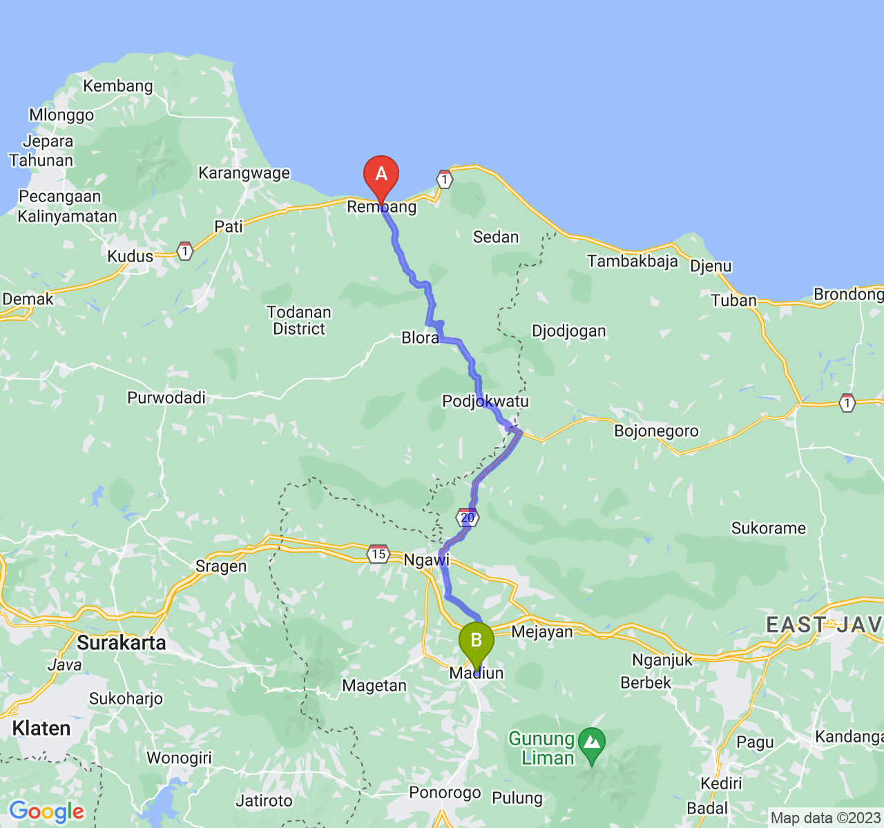 rute perjalanan Kab. Rembang-Kota Madiun