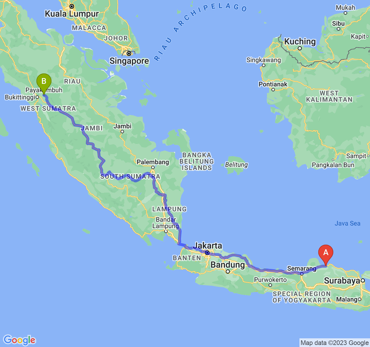 rute perjalanan Kab. Rembang-Kota Payakumbuh