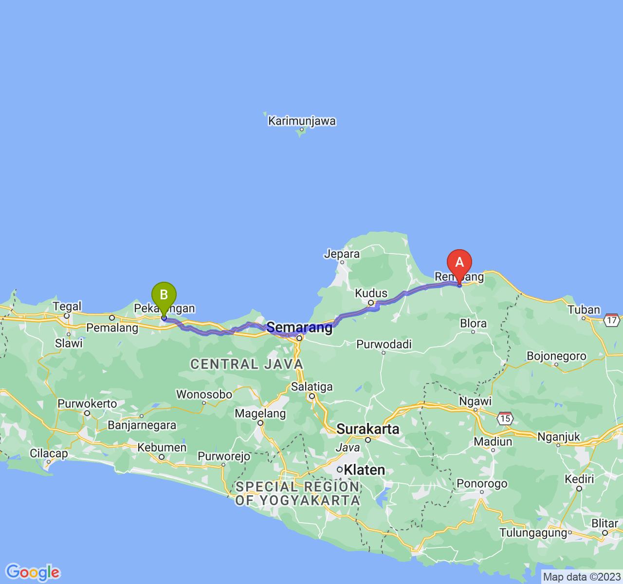 rute perjalanan Kab. Rembang-Kota Pekalongan