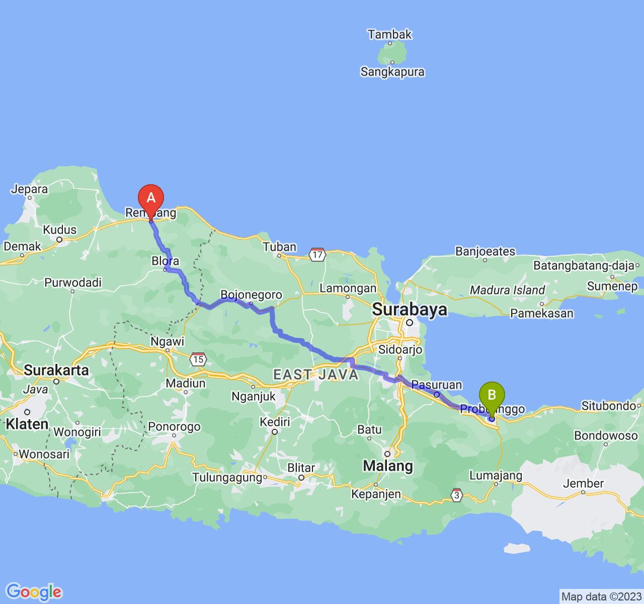 rute perjalanan Kab. Rembang-Kota Probolinggo