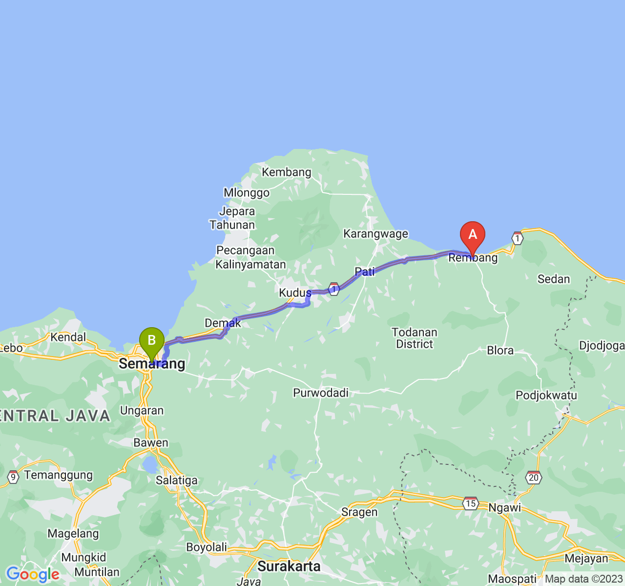 rute perjalanan Kab. Rembang-Kota Semarang