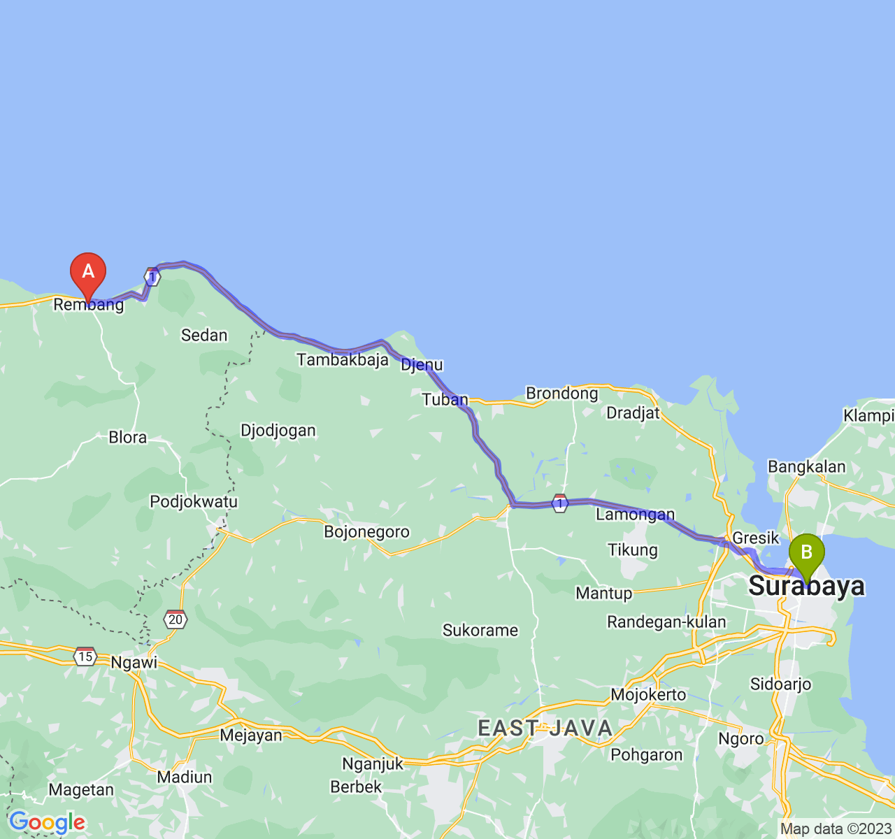 rute perjalanan Kab. Rembang-Kota Surabaya