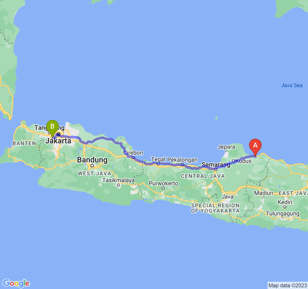 rute perjalanan Kab. Rembang-Kota Tangerang Selatan