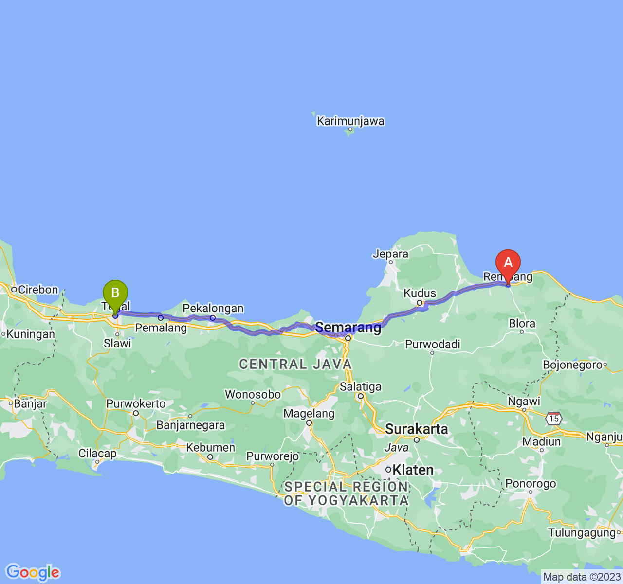 rute perjalanan Kab. Rembang-Kota Tegal