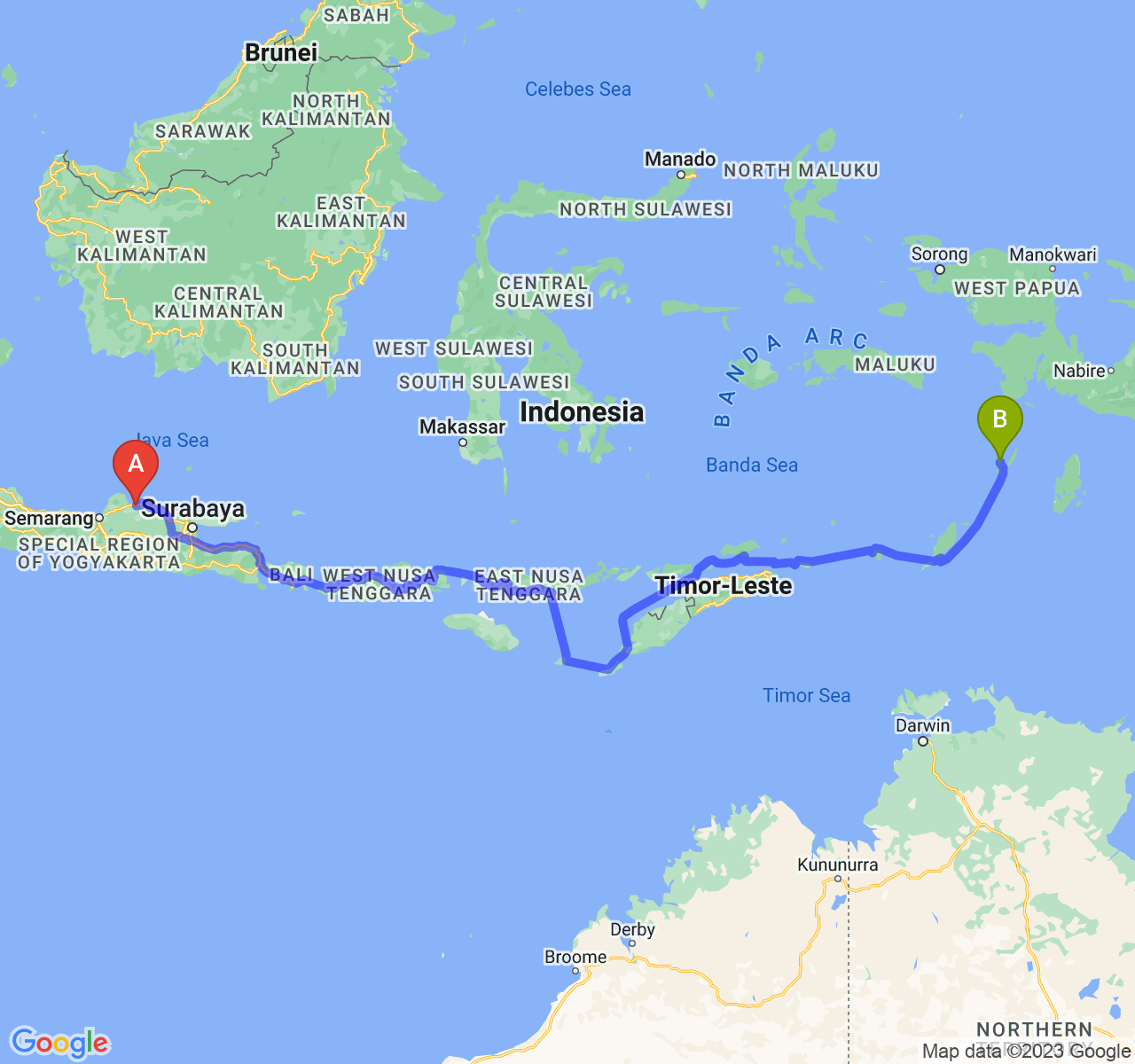 rute perjalanan Kab. Rembang-Kota Tual