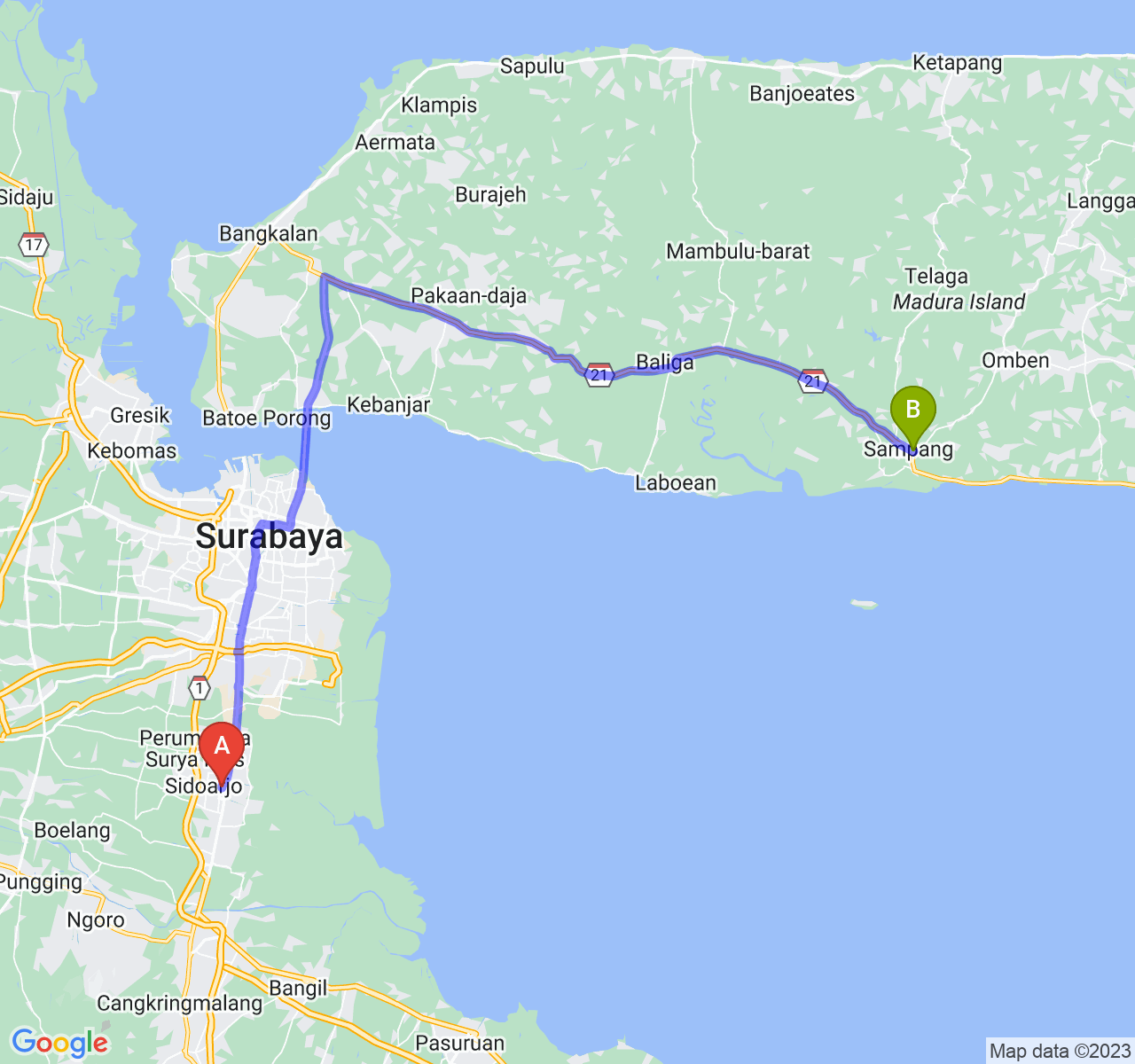 rute perjalanan Kab. Sidoarjo-Kab. Sampang