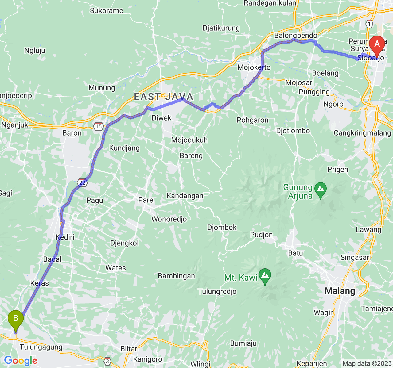 rute perjalanan Kab. Sidoarjo-Kab. Tulungagung