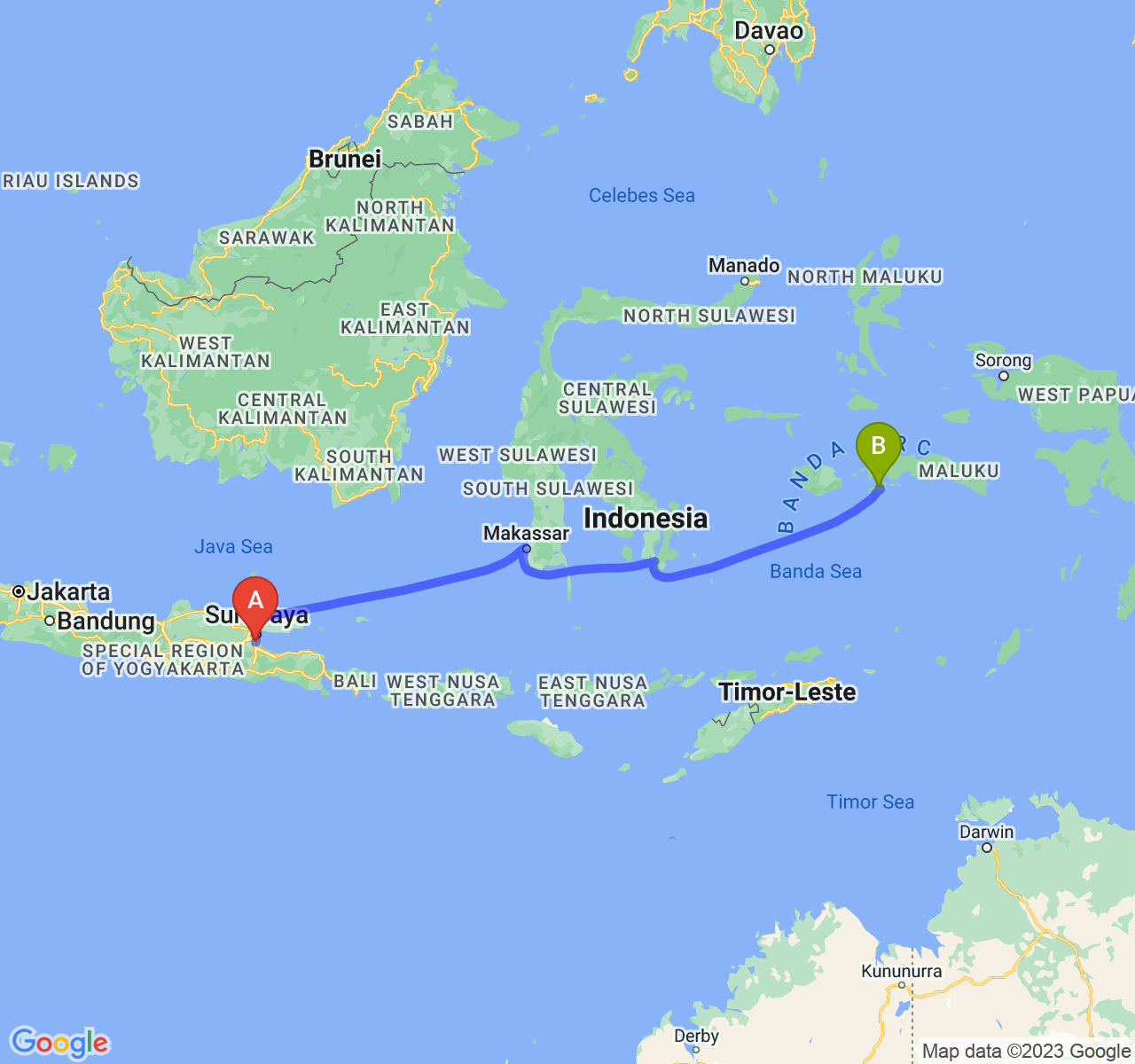 rute perjalanan Kab. Sidoarjo-Kota Ambon