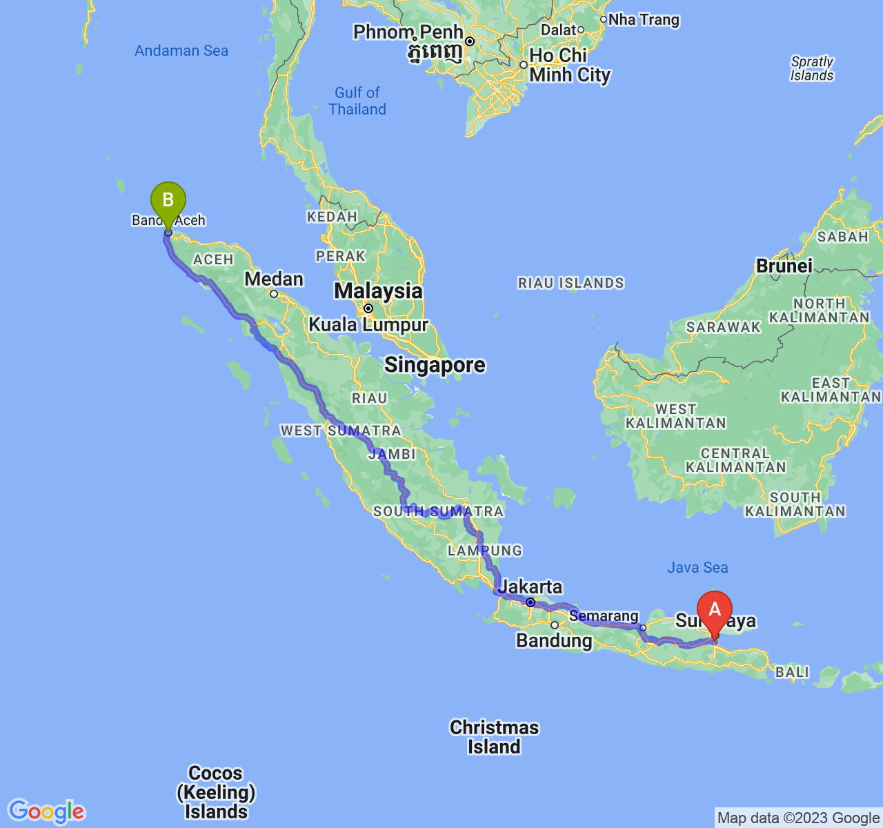 rute perjalanan Kab. Sidoarjo-Kota Banda Aceh