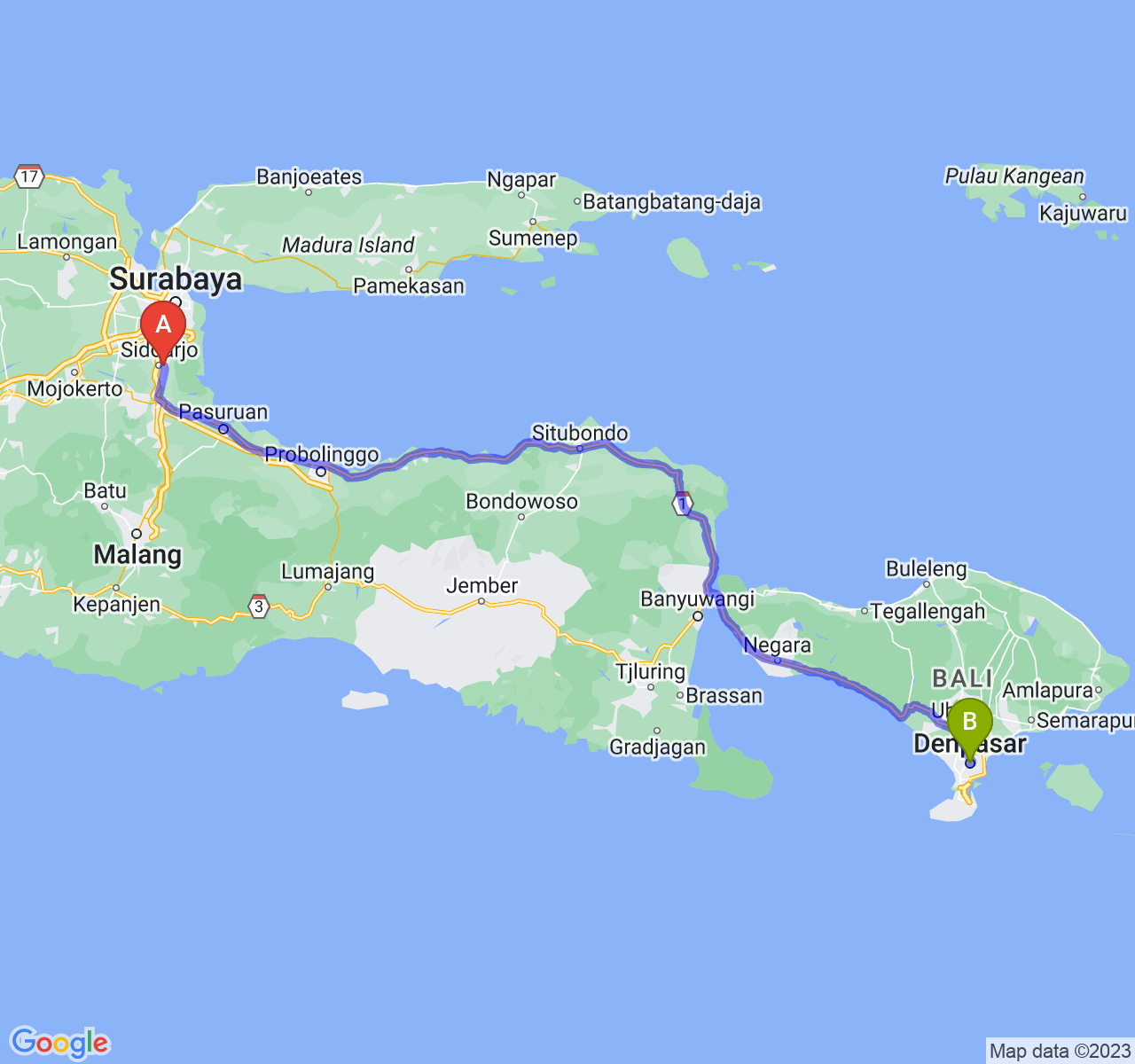 rute perjalanan Kab. Sidoarjo-Kota Denpasar