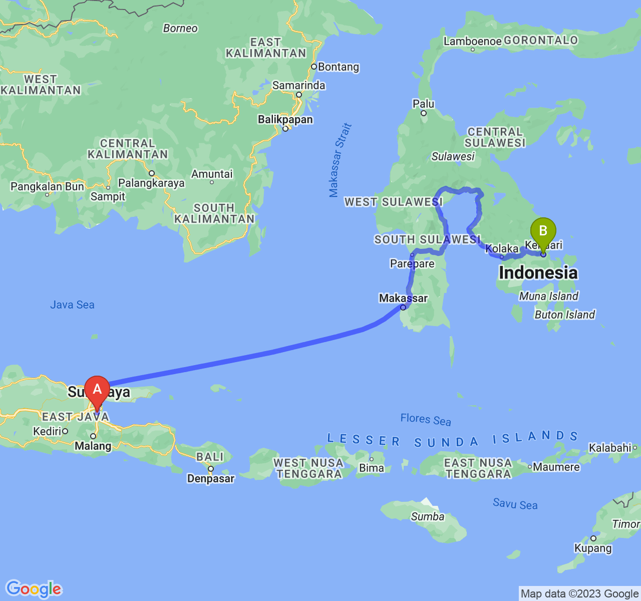 rute perjalanan Kab. Sidoarjo-Kota Kendari