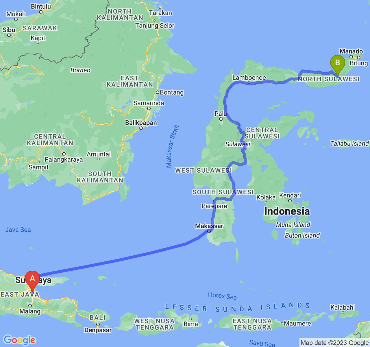 rute perjalanan Kab. Sidoarjo-Kota Kotamobagu