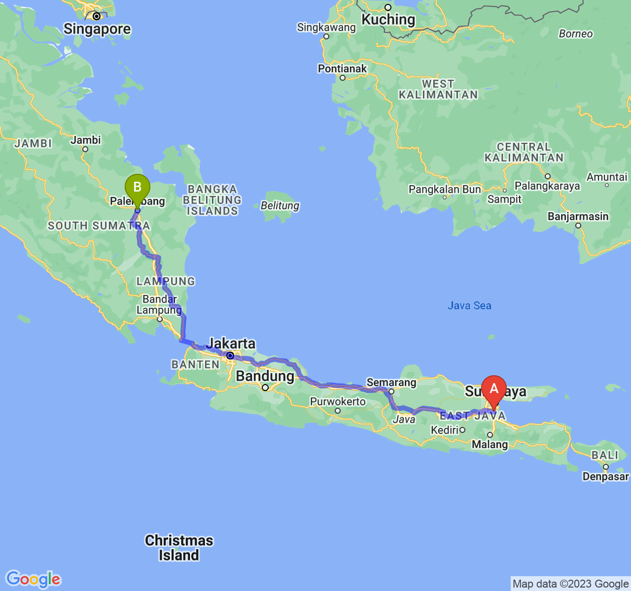 rute perjalanan Kab. Sidoarjo-Kota Palembang